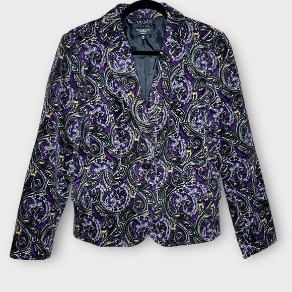 TALBOTS velour purple & black Paisley blazer size 10 petite fall winter career - Picture 2 of 7